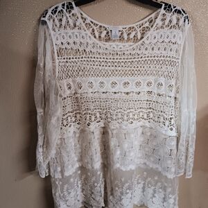 Chico's 3 White Lace And Crochet Pullover3/4 Sleeve Top